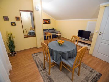 green apartment, living room, LCD TV with satellite channels, sofa, dining room