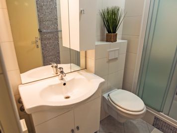 brown apartment, modern bathroom, shower