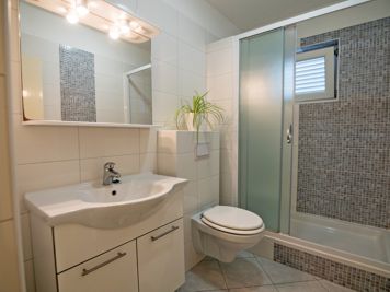 brown apartment, modern bathroom, shower