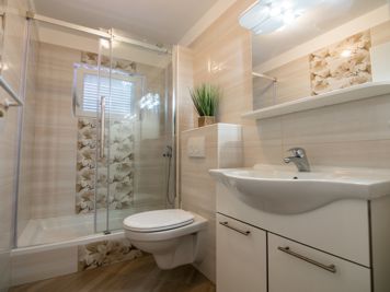 blue apartment, modern bathroom, shower