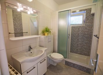 red apartment, bathroom, shower